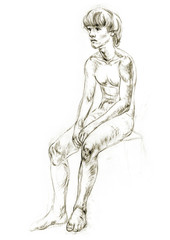 Academic figure drawing young boys. Hand-drawing in pencil