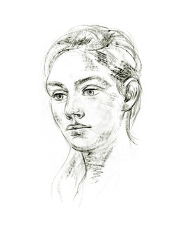 Portrait of young woman. Hand-drawing in pencil
