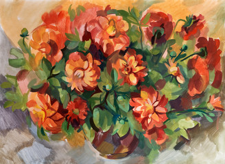 Still life a bouquet of flowers. Hand-drawn in gouache