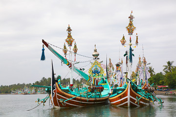 Traditional Bugis boats near Perancak village on Bali west coast - obrazy, fototapety, plakaty