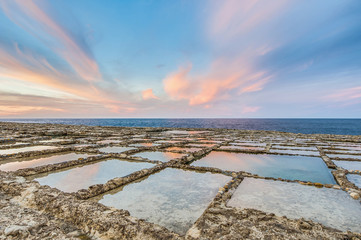 Salt pans near Qbajjar in Gozo, Malta.