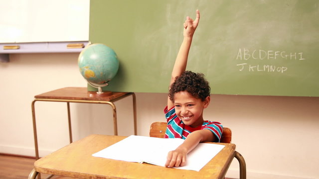 Cute schoolboy raising his hand to answer a question