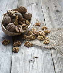 Nuts on wood background