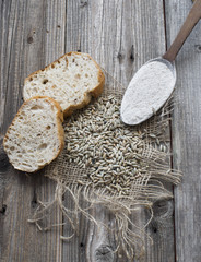 Rye seeds with slices of bread and flour
