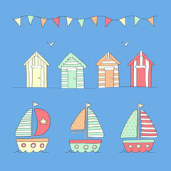 Beach huts, bunting & sailing boats