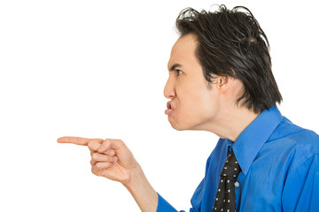 portrait headshot angry man pointing index finger at someone
