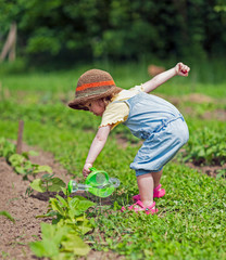Kind gießt Gemüsebeet