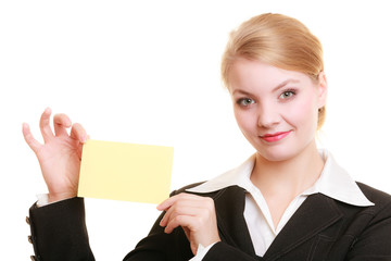 Ad. Businesswoman holding blank copy space card