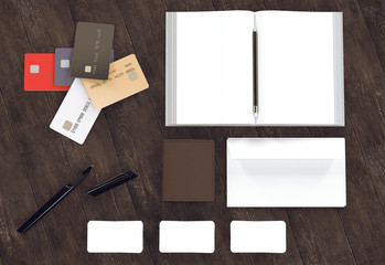Objects on wood background. Mockup business template.