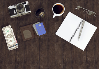 Objects on wood background. Mockup business template.