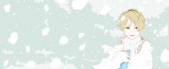 女性　雪　微笑む