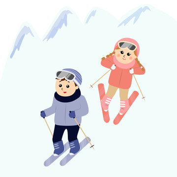 Children skiing in the snowy mountain