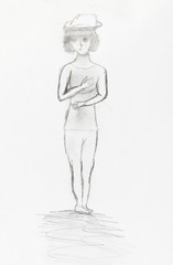 girl in hat by black pencil