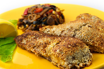 The fried fish carp with sesame seeds