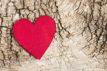 Red heart on bark background. Symbol of love