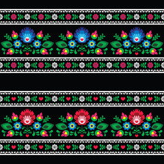 Seamless Polish folk art pattern with flowers on black - obrazy, fototapety, plakaty