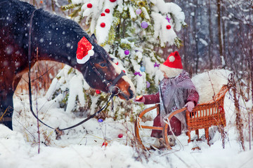 Little girl with horse at christmas eve