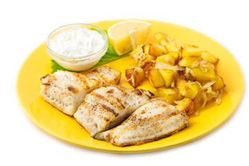 the perch fish grill  with sauce and vegetable