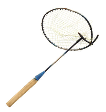 Broken badminton racket isolated on white background
