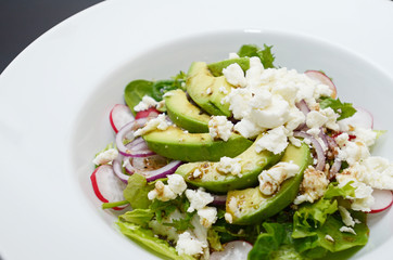 Avocado salad with goat cheese, lettuce and radish