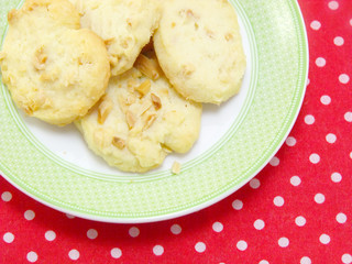 butter cookie on red polka dot fabric
