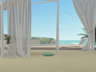 Fototapeta na wymiar White bedroom overlooking the sea
