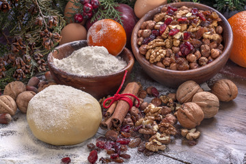 dough preparation for the holiday sweets in winter decor
