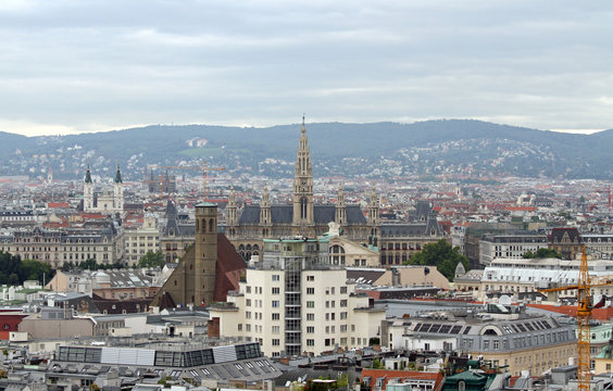 Aerial view of the city of vienna with Rathaus in austria
