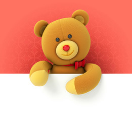 Toy teddy bear holding blank board