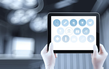 Medicine doctor hand shows tablet computer with medical computer