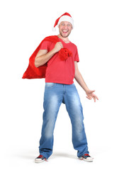 Funny Santa Claus with a red bag of gifts on white background