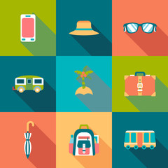 Travel flat coloured Icons with shadow