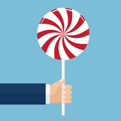 Hand holding a lollipop. Profitable offer concept. Vector illust