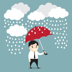 Businessman with red umbrella in the rain with clouds. Safety co
