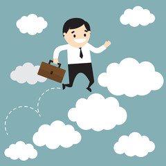 Businessman jumping on clouds and holding the office bag. Busine