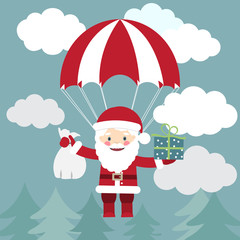 Santa Claus flying with a parachute with presents in the sky. Ve