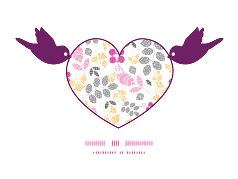 Vector abstract pink, yellow and gray leaves birds holding heart