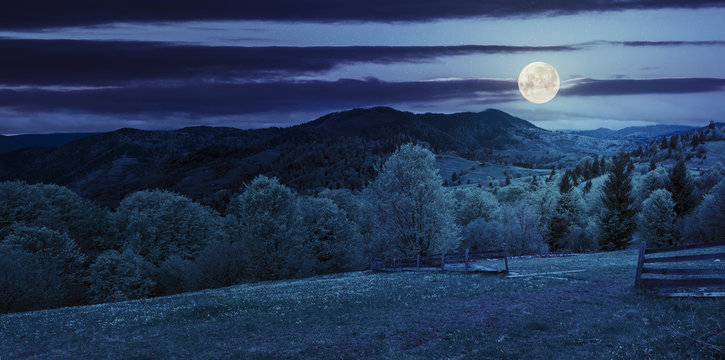 fence on hillside meadow in mountain at night in full moon light