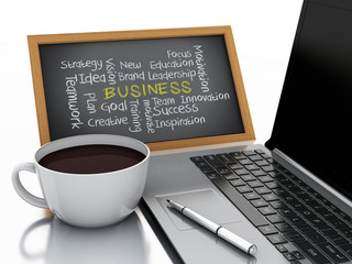 3d chalkboard, cup of coffee and laptop pc. business concept
