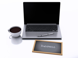 3d chalkboard, cup of coffee and laptop pc. business concept