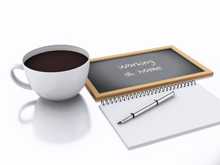 3d notepad and cup of coffee. working at home concept on white b