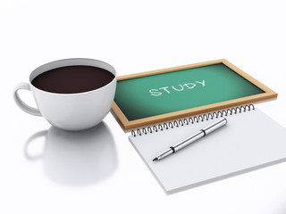 3d notepad and cup of coffee. study concept on white background