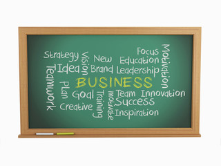 3d illustration. chalk keywords on chalkboard about business con