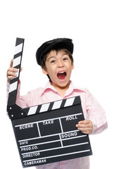 Little boy take slate studio on white background