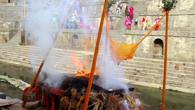 View of body cremation grounds, pashupatinath temple, kathmandu, nepal