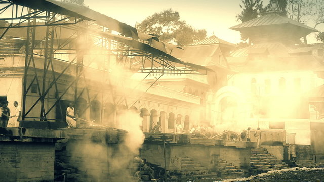 View of body cremation grounds, pashupatinath temple, kathmandu, nepal