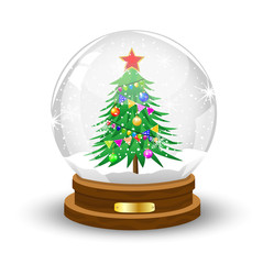 glass festive ball with the green decorated tree inwardly