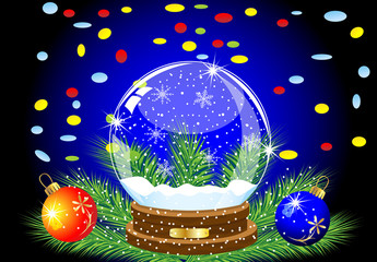 Fototapeta na wymiar glass festive ball, two marbles and varicoloured confettis