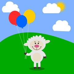 sheep in a meadow holding balloons