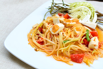 green papaya salad with salted egg, Thai food